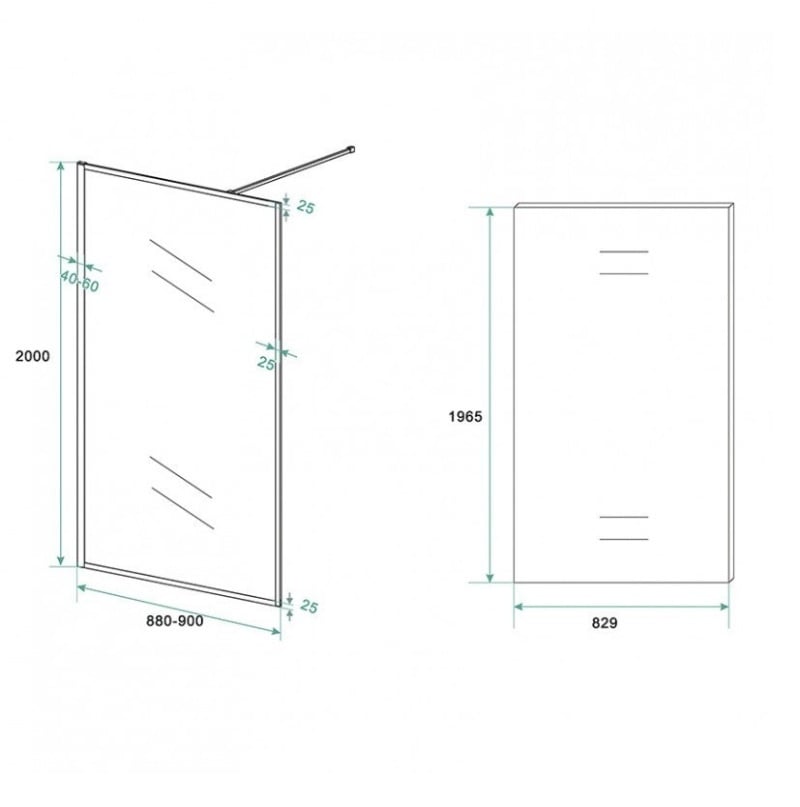 Inloopdouche Olivia 90x200cm Helder Glas Mat Zwart Raamwerk