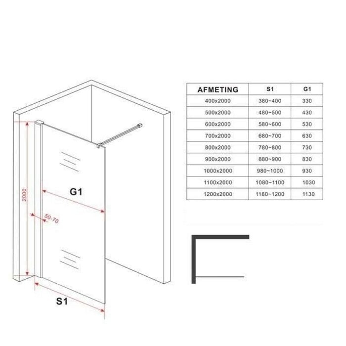 Inloopdouche Luca 90x200cm Antikalk Helder Glas Chroom